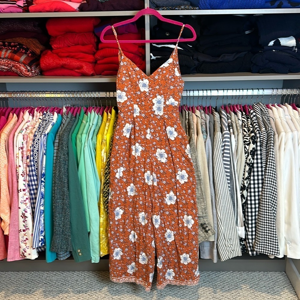 Forever 21 orange with blue flower print sleeveless jumpsuit size S